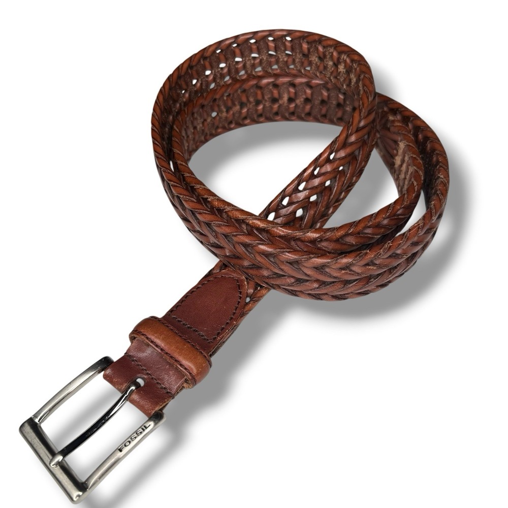 Men's Fossil Braided Leather Belt SZ 38 Brass Buckle Brown Woven MB3043222